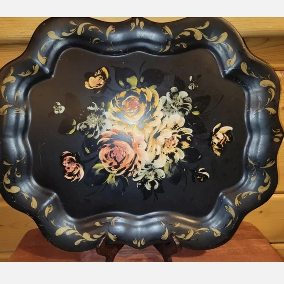 Vintage 1950 Metal Serving Tray Toleware Hand Painted Pink Roses Shabby Chic - Picture 1 of 12